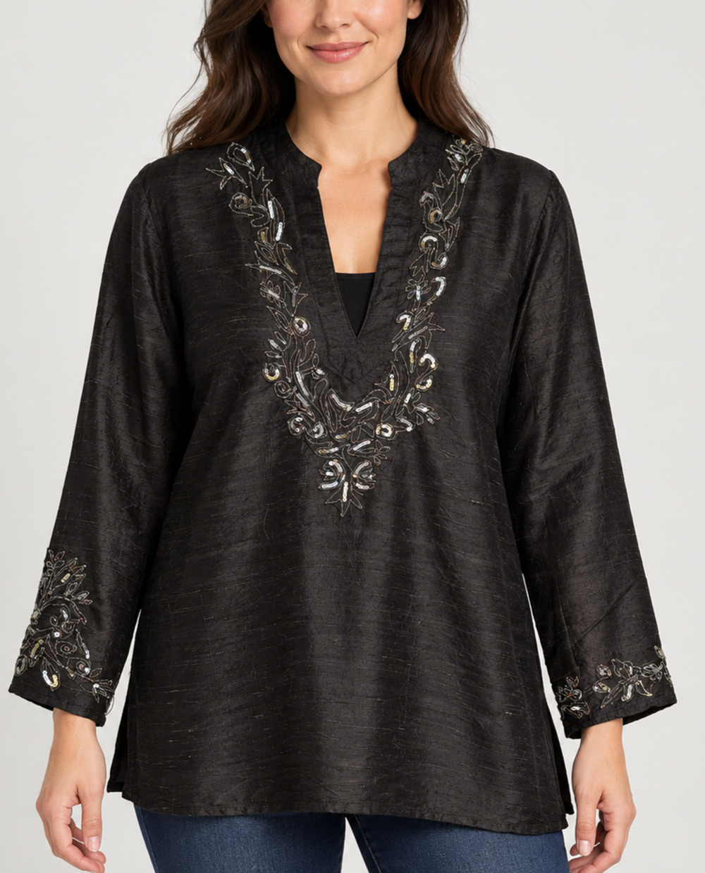 Chico's L Black 100% Silk Embroidered Sequin Tunic Blouse Party Quiet Luxury